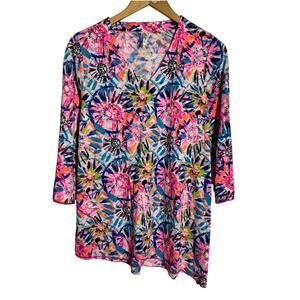 LuLu B Sea Turtle Colorful Blouse Top Women S Pink Blue Coastal Preppy Cotton
